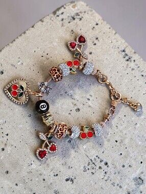 Saasified Boutique Nwt Gold-Tone Charm Bracelet with Red Cherry Accents